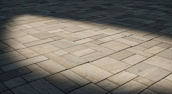 Textured Stone Pavement: A close-up shot of weathered stone paving illuminated by a shaft of sunlight, revealing intricate patterns and textures. 