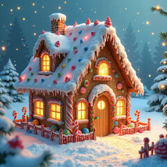 Gingerbread house illustration in whimsical style in warm candy colors holiday decor inspiration