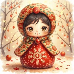 Matryoshka doll artwork in folk style in red and gold seasonal celebration motif