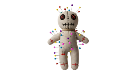 Voodoo doll with pins isolated on a white background.
