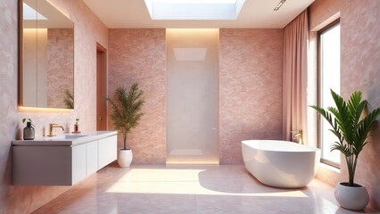 Fototapeta premium Serene Minimalist Bathroom Design with Soft Pink Walls, Freestanding Tub, and Natural Light