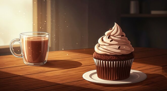 Cupcake Delight & Coffee Comfort: A tantalizing cupcake with swirl cream and coffee is arranged on a wooden table, illuminated by the warm glow of the sunlight.