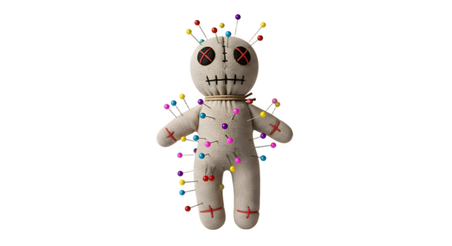 Voodoo doll with pins isolated on a white background.