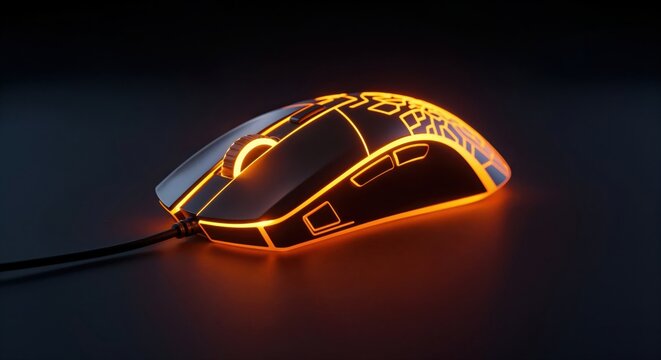 Illuminated Gaming Mouse: A sleek, modern gaming mouse glows with an orange light against a dark backdrop, perfect for immersive gameplay.