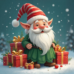 Christmas gnome joyful offering gifts against a snowy forest backdrop