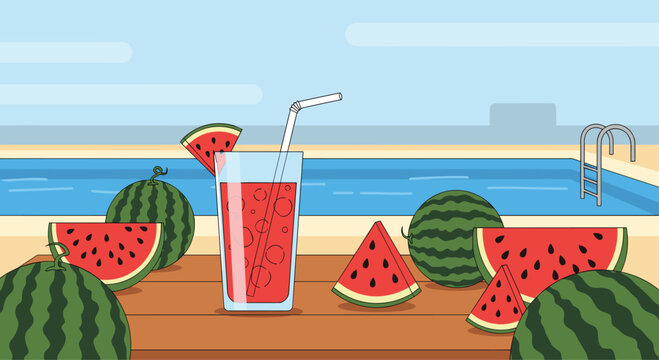 Enjoy refreshing watermelon juice by the pool for a vibrant summer vibe that is perfect for pool party promotions