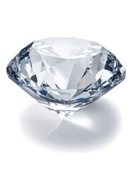 A clear, perfectly cut precious gem sparkles. It has numerous facets reflecting light, casting a subtle shadow on a white background