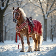 Decorated horse with serene poise standing in snowy forest against sunlit winter trees