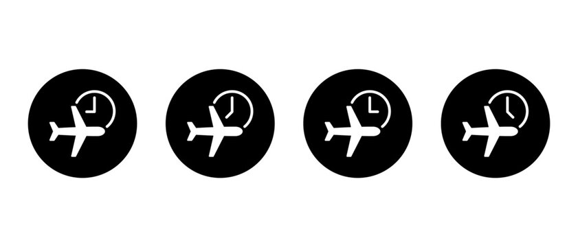 Airplane time icon in black circle. Flight and clock symbol. Travel schedule and departure sign