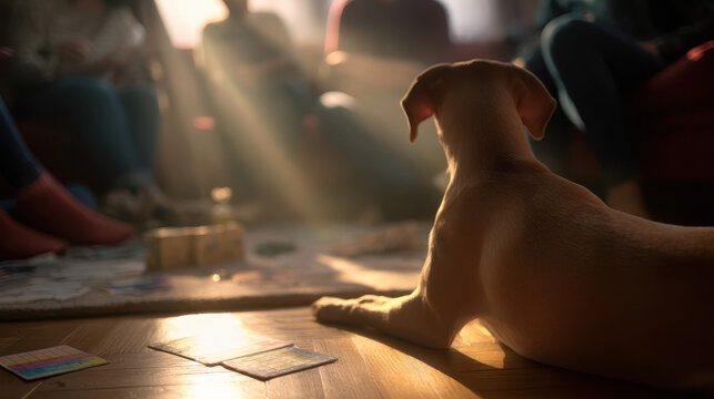 The Dog's Quiet Observation: A domestic canine observes a card game in a cozy, sunlit room, embodying tranquility and contemplation amidst the casual atmosphere.
