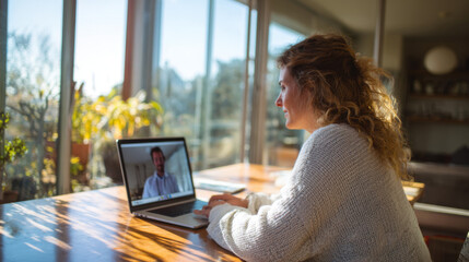 Connected Through the Screen: A woman engages in a video call, fostering connection and communication, the glow of the screen illuminating her thoughtful expression.