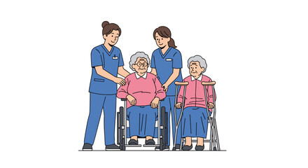 Compassionate nurses caring for elderly patients with mobility aids in a supportive environment promoting well being