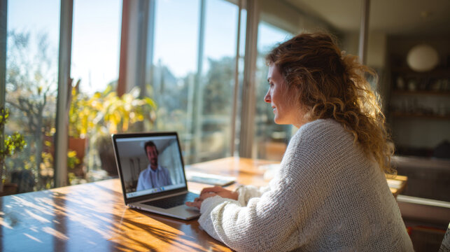Connected Through the Screen: A woman engages in a video call, fostering connection and communication, the glow of the screen illuminating her thoughtful expression.