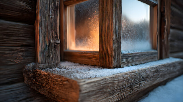 Cozy Winter Scene: A rustic wooden window frames a view of a serene winter landscape, inviting warmth, and creating a sense of cozy isolation.