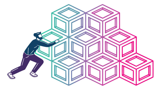 A man pushes a stack of interconnected cubes, , symbolizing effort, teamwork, and problemsolving in a modern design