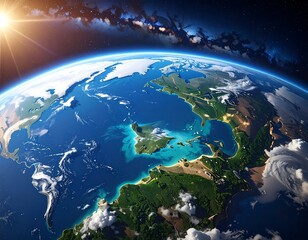 Fototapeta premium Beautiful planet earth with vibrant blues and greens from space