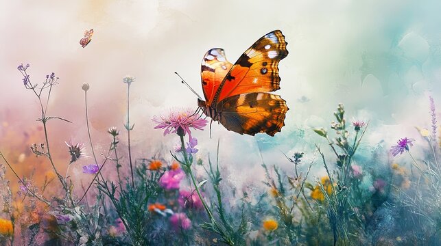 Close-up of a butterfly perched on a vibrant wildflower in natural sunlight, macro nature photography with colorful insects and blooming flora