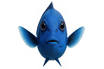 Blue cartoon fish character with wide eyes, presenting an aquatic animal in a 3d animated style