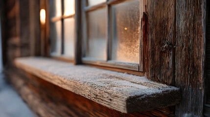 Weathered Window Sill: Close-up of an old, wooden window sill covered in frost, with a blurred backdrop of an obscured, sunlit scene. conveying an impression of tranquility.