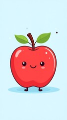 A cute, cartoon-style red apple with a smiling face, green leaves, and brown stem set against a light blue background