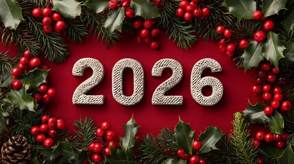 Festive background for the New Year with the year 2026 displayed prominently among holiday foliage