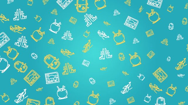 The summer holiday light blue seamless pattern animation featuring travel icons evokes a relaxing vacation vibe.