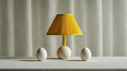 A yellow lampshade sits atop a beige base, flanked by two white eggs on a pale surface