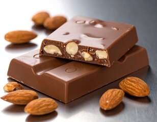 Chocolate bar with almonds, one piece broken, set against a dark reflective surface