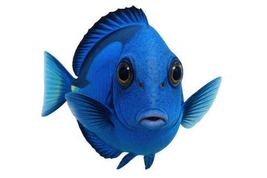 Blue tang fish swimming, animated character portraying underwater ocean life, transparent background for design