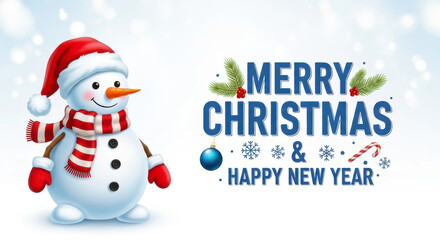 Cute snowman wearing santa hat and scarf with merry christmas and happy new year text
