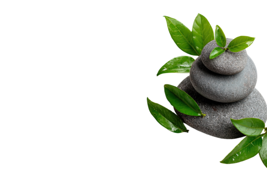 Gray stones stacked high, vibrant green leaves