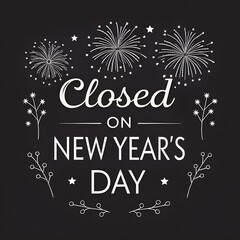 Closed on New Year's Day Sign with Fireworks, Black Background