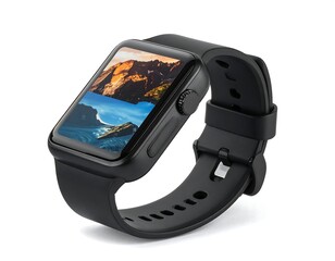 A black wearable tech gadget displaying a nature landscape