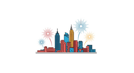 Obraz premium Celebrate city life with fireworks over modern buildings in the skyline on a vibrant holiday, perfect for event marketing