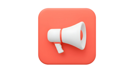 3D Rendered Megaphone Icon on a Red Square Background.