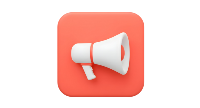 3D Rendered Megaphone Icon on a Red Square Background.