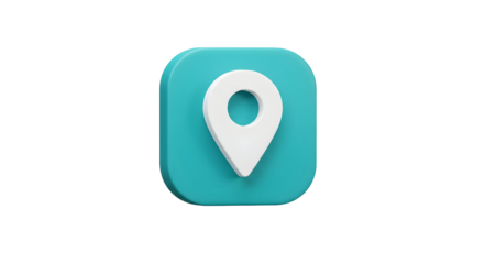 3D Location Pin Icon on a Teal Square Background.