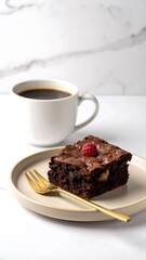 Chocolate brownie with raspberry garnish, coffee cup, gold fork, on white marble surface