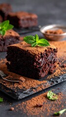 Chocolate brownie square topped with mint, set on a slate plate with cocoa dusting