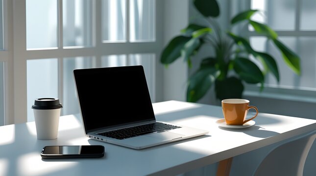 Minimal office desk with laptop and coffee cup - Powered by Adobe