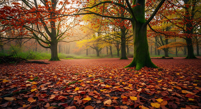 A forest floor covered in fallen autumn colored leaves