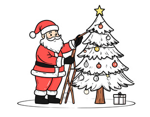 Santa Claus Decorating Christmas Tree with Ladder.