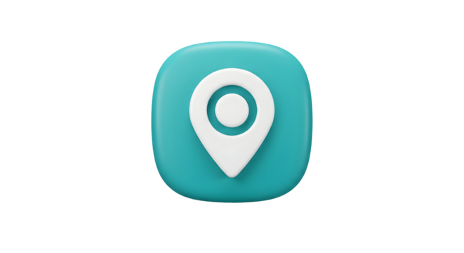 3D Location Pin Icon on a Rounded Square Teal Background.