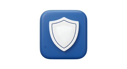 3D render of a white shield icon on a blue rounded square background.