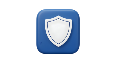 3D render of a white shield icon on a blue rounded square background.