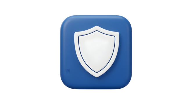 3D render of a white shield icon on a blue rounded square background.