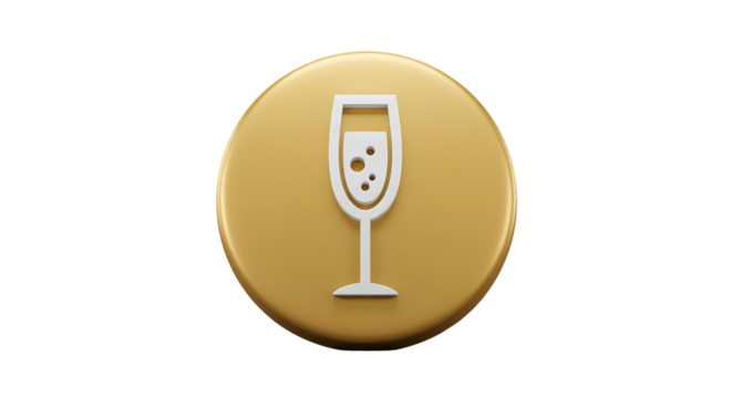 Golden 3D icon of a champagne glass with bubbles symbolizing celebration and luxury.