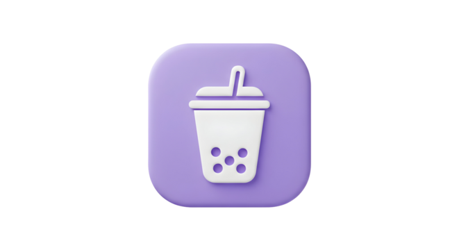 3D Rendered Bubble Tea Icon on a Purple Square Background.