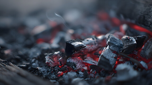 Glowing Embers: The smoldering remnants of a fire, with glowing embers and charcoal. A study of texture, light, and the raw power of nature.  - Powered by Adobe