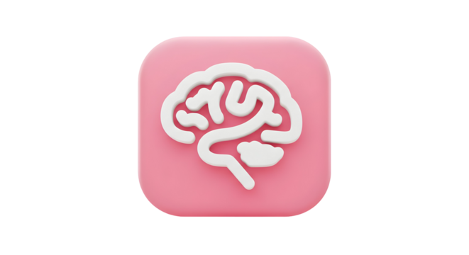 3D Brain Icon on Pink Square Representing Thought and Intelligence.